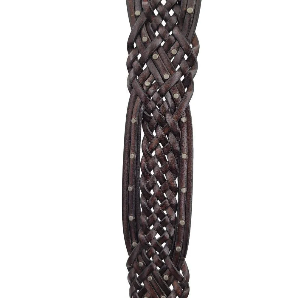 Esprit Womens Belt L Dark Brown Wicker Woven Braided‎ Silver Buckle Studded